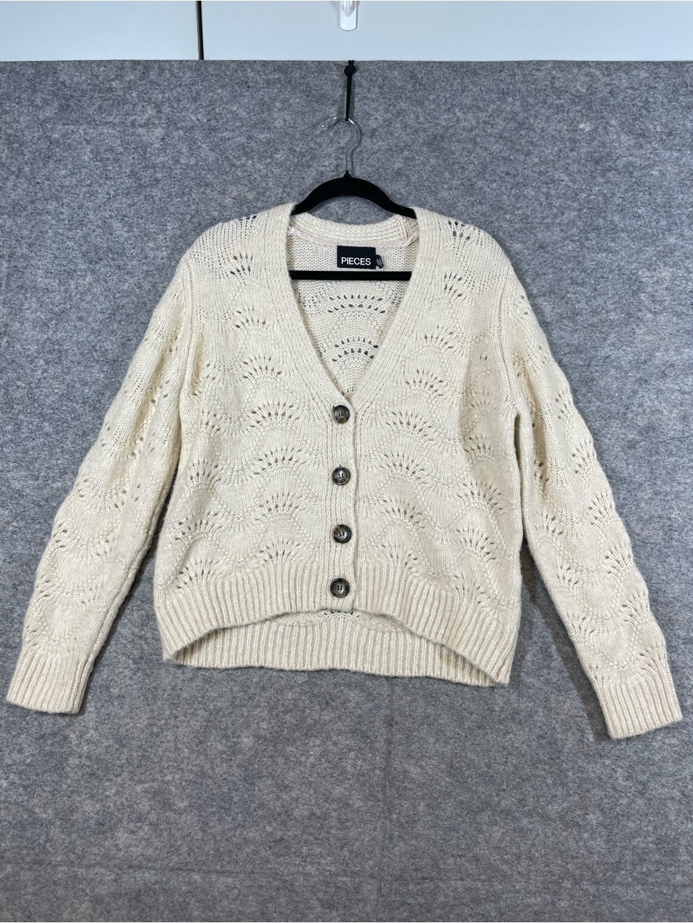 Pieces Cream Pointelle Cardigan Large Alpaca Blend Cottagecore Boho Knit